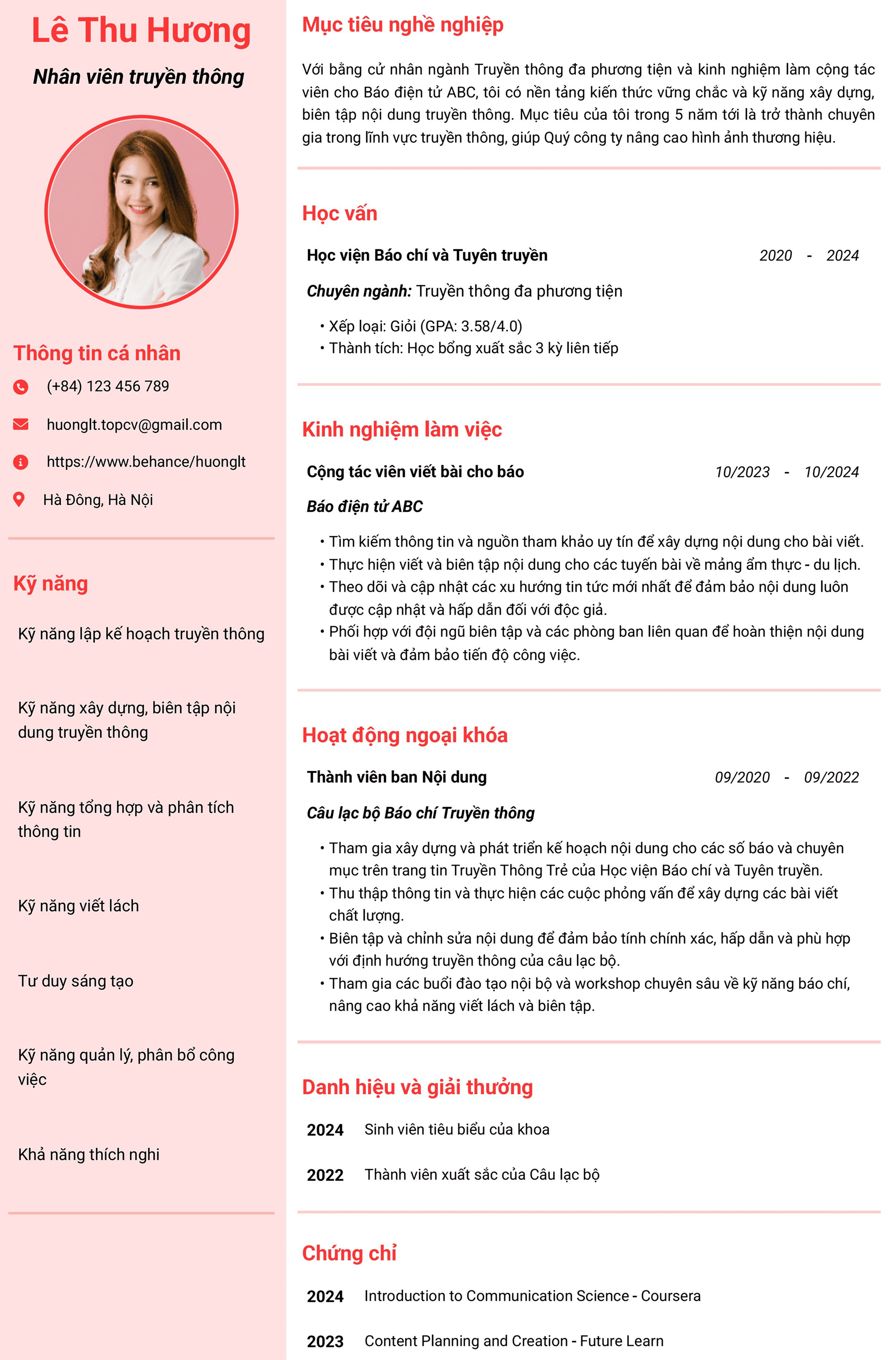 Mẫu CV truyền thông cho ứng viên chưa có kinh nghiệm